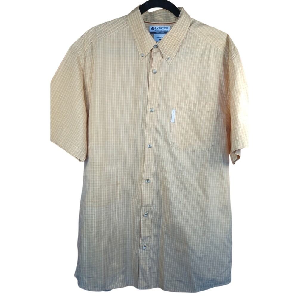 Columbia Men's Size Large Short Sleeve Button-Down Shirt Yellow Plaid Gingham